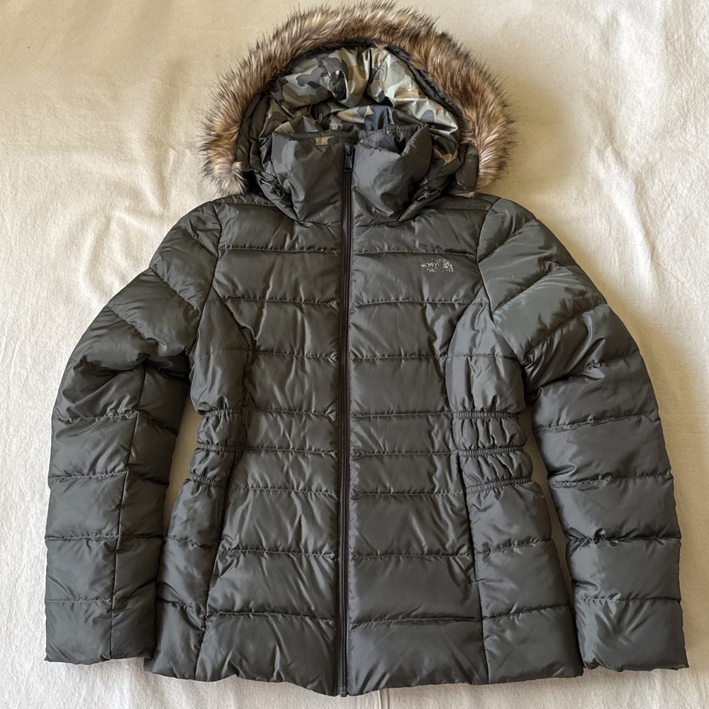 The North Face Jacket Womens M Green Camo Gotham 550 Goose Down Puffer Faux Fur